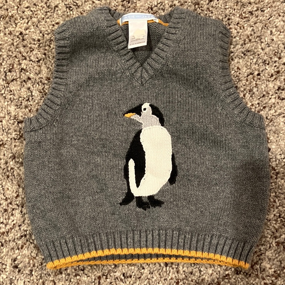 Janie and Jack Gray Knit Vest with Penguin Design